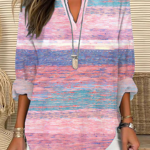 Women Abstract Long Sleeve Blouse Spring/Fall Printing V Neck Daily Casual Top, JustFashionNow Shirts, color:Pink|size:5XL,