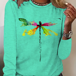 Women Dragonfly Long Sleeve Tee T-shirt Crew Neck Casual Spring/Fall Top, JustFashionNow T-Shirts, color:mint|size:XXL