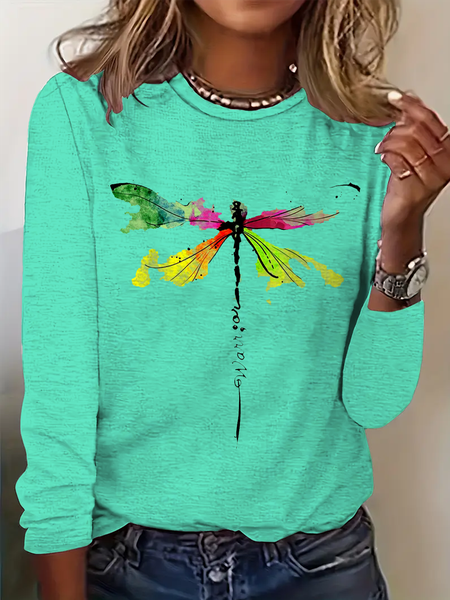 Women Dragonfly Long Sleeve Tee T-shirt Crew Neck Casual Spring/Fall Top, JustFashionNow T-Shirts, color:mint|size:XXL