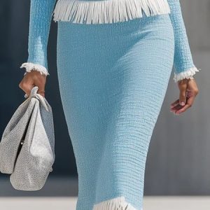 Elegant Tassel Tweed Plain Midi Skirt, Skirts, color:Blue|size:XXL, Stylewe