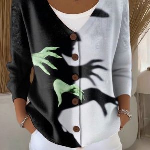 Women Halloween Long Sleeve Comfy Casual Printing Cardigan, Cardigans, color:Black-grey|size:5XL, catalog Noracora shop