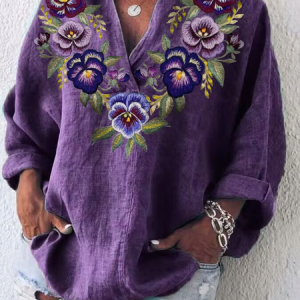 Shawl Collar Long Sleeve Floral Printing Regular Micro-Elasticity Loose Shirt For Women, Blouses, color:Purple|size:5XL, catalog Noracora shop