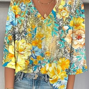 V Neck Three Quarter Sleeve Floral Regular Loose Blouse For Women, Blouses, color:Yellow|size:XXL, catalog Noracora shop