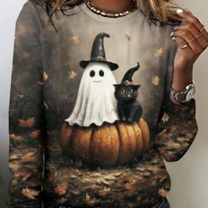 Halloween Vintage Cute Ghost Print Crew Neck Long Sleeve T-shirt, T-shirts, color:Brown|size:4XL, catalog Noracora shop