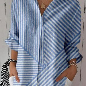 Shirt Collar Three Quarter Sleeve Striped Regular Micro-Elasticity Regular Fit Shirt For Women, Shirts, color:Blue|size:4XL, catalog Noracora shop