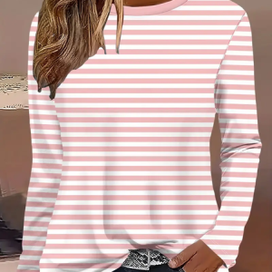 Casual Striped Crew Neck Long Sleeve T-shirt, T-shirts, color:Pink|size:5XL, catalog Noracora shop