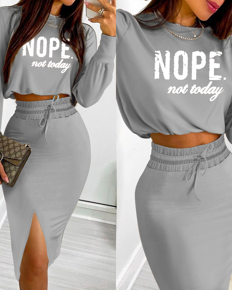 2 Pieces Outfit NOPE. not today Slogan Print Long Sleeve Stretchy Hem Crop Top and High Waist Drawstring Elastic Waist Slit Casual Skirt Set, women Two-piece Sets, ChicMe catalog - Image 2