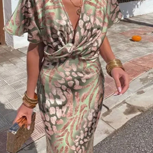 Women Color Block Short Sleeve Summer Printing Dress V Neck Daily Casual Maxi Hip Skirt A-Line Dress, JustFashionNow Dresses, color:Green|size:3XL,
