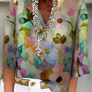Women Floral Three Quarter Sleeve Blouse Spring/Fall Printing V Neck Daily Casual Top, JustFashionNow Blouses, color:As Picture|size:4XL,