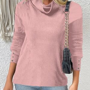 Women Plain Split Joint Winter Street Long Sleeve Turtleneck Sweater, JustFashionNow Sweaters, color:Pink|size:5XL,