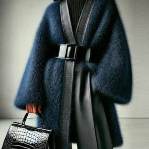 Yarn/Wool Yarn Urban Color Block Split Joint Cross Neck Sweater Cardigan No Belt, Cardigans, color:Navyblue|size:XXL, Stylewe