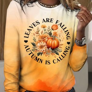 Vintage Ombre Crew Neck Long Sleeve T-shirt, T-shirts, color:Orange|size:4XL, catalog Noracora shop