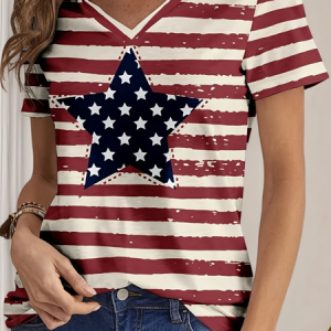 Women Star Short Sleeve Tee T-shirt V Neck Printing Casual Summer Graphic Tee Top, JustFashionNow T-Shirts, color:Red|size:XXL