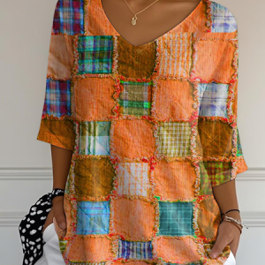 Women Halloween Color Block Plaid Orange Three Quarter Sleeve Tee T-shirt V Neck Printing Festival Spring/Fall Graphic Tee Top, JustFashionNow T-Shirts, color:Orange|size:5XL,