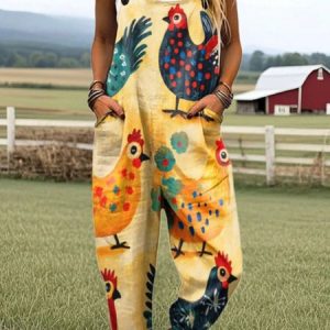 Women Animal Square Neck Gallus Casual Summer Cotton And Linen Jumpsuits, Jumpsuits&Rompers, color:Yellow|size:4XL, catalog Noracora shop