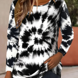 Women Tie-Dye Pattern Long Sleeve Tee T-shirt Crew Neck Printing Casual Spring/Fall Graphic Tee Top, JustFashionNow T-Shirts, color:Black-white|size:XXL,