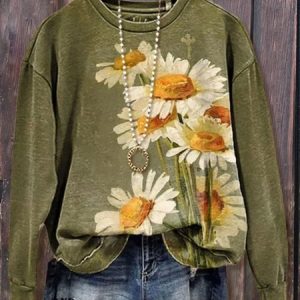 Vintage Crew Neck Floral Sweatshirt, Hoodies & Sweatshirts, color:Green|size:4XL, catalog Noracora shop