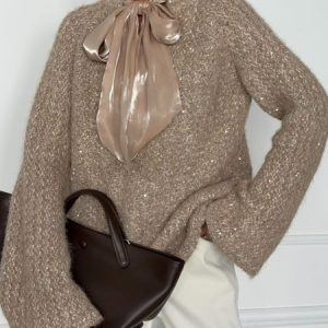 Urban Plain Lace-up Crew Neck Raglan Sleeve Sweater, Pullovers, color:As Picture|size:XXL, Stylewe