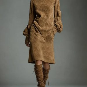 Casual Plain Pockets Midi Dress, Midi Dresses, color:Brown|size:XXL, Stylewe