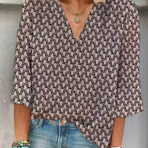 Women Geometric Three Quarter Sleeve Blouse Spring/Fall Printing V Neck Daily Casual Top, JustFashionNow Blouses, color:Brown|size:XXL,