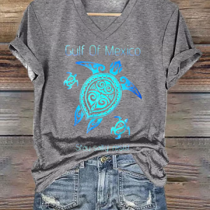 Women's Gulf Of Mexico Print V Neck Comfy T-Shirt, T-shirts, color:Light Gray|size:3XL, catalog Noracora shop