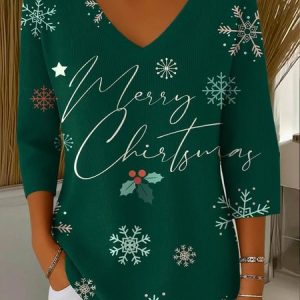 Vintage Christmas V Neck Three Quarter Sleeve T-shirt, T-shirts, color:Color2|size:5XL, catalog Noracora shop