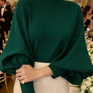 Casual Plain Ruched Mock Neck Balloon Sleeve Blouse With Brooch, Pullovers, color:Dark Green|size:XXL, Stylewe