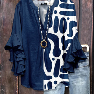 Women Abstract Half Sleeve Shirt Summer Printing V Neck Daily Casual Top, JustFashionNow Shirts, color:Purplish Blue|size:5XL,