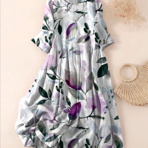 Women Floral Spring/Fall Dress Crew Neck Three Quarter Sleeve A-Line Dress, Maxi, color:White|size:5XL, catalog Noracora shop