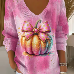 Women Halloween (pumpkin) Long Sleeve Tee T-shirt V Neck Printing Casual Spring/Fall Top, JustFashionNow T-Shirts, color:Pink|size:4XL,