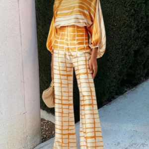 Women Striped Printing Dolman Sleeve Two-Piece Set Daily Half Sleeve Casual Summer Top With Pants Matching Set, JustFashionNow Suit Set, color:Yellow|size:3XL,