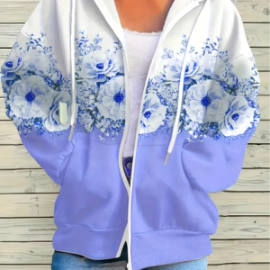 Women Spring/Fall Outerwear Casual Printing Floral Long Sleeve Hoodie Jacket, JustFashionNow Coats, color:Blue|size:4XL,