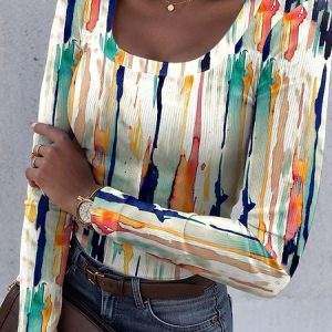 Casual Striped U-Neck Long Sleeve T-shirt, T-shirts, color:As Picture|size:4XL, catalog Noracora shop