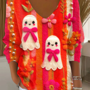 Women Floral Long Sleeve Tee T-shirt V Neck Printing Casual Spring/Fall Top, JustFashionNow T-Shirts, color:Orange Red|size:4XL