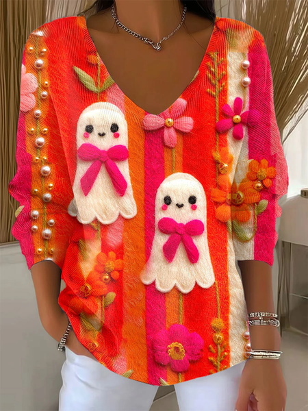 Women Floral Long Sleeve Tee T-shirt V Neck Printing Casual Spring/Fall Top, JustFashionNow T-Shirts, color:Orange Red|size:4XL