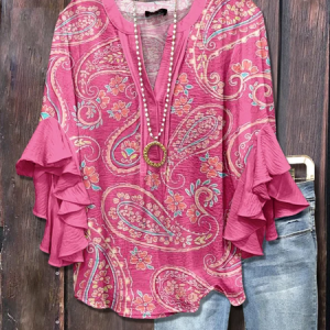 V Neck Half Sleeve Paisley Regular Micro-Elasticity Regular Fit Blouse For Women, Blouses, color:As Picture|size:4XL, catalog Noracora shop