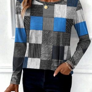 Casual Color Block Crew Neck Long Sleeve T-shirt, T-shirts, color:Gray|size:4XL, catalog Noracora shop
