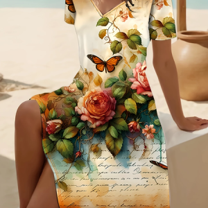 Women Floral Short Sleeve Summer Printing Dress V Neck Daily Casual Midi Fit & Flare Dress A-Line Dress, JustFashionNow Casual Dresses, color:Orange|size:4XL,