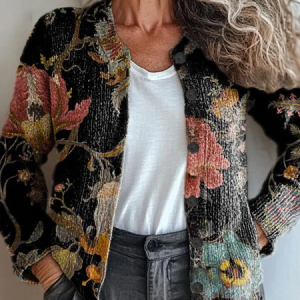 Women Floral Vintage Spring/Fall Printing Cardigan, JustFashionNow Cardigans, color:Black|size:5XL,