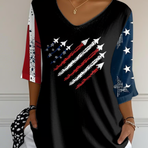 Casual Independence Day (Flag) V Neck Three Quarter Sleeve T-shirt, T-shirts, color:Black|size:5XL, catalog Noracora shop