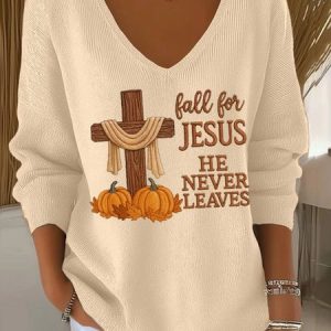 Women Cotton Jesus Copy Long Sleeve Comfy Casual Sweater, T-shirts, color:Apricot|size:4XL, catalog Noracora shop