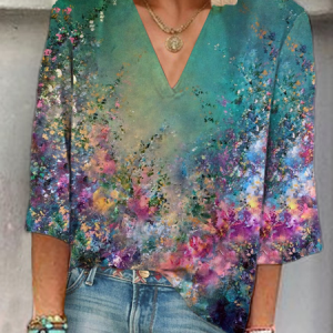 Women Floral Three Quarter Sleeve Blouse Spring/Fall Printing V Neck Daily Casual Top, JustFashionNow Blouses, color:Green|size:XXL,
