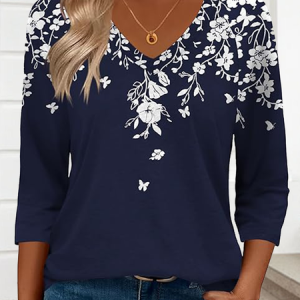 Casual Floral V Neck Long Sleeve T-shirt, T-shirts, color:As Picture|size:3XL, catalog Noracora shop