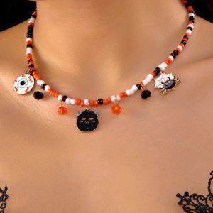 Halloween Necklace Funny Pumpkin Ghost Cat Pendant Horror Contrast Color Rice Bead Necklace Clavicle Chain, JustFashionNow Necklaces, color:Color6|size:One-size,