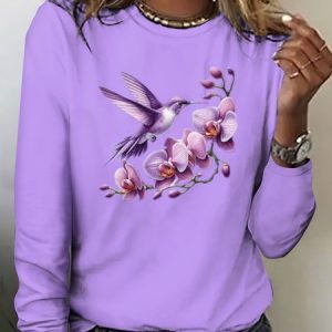 Vintage Floral Crew Neck Long Sleeve T-shirt, T-shirts, color:Purple|size:4XL, catalog Noracora shop