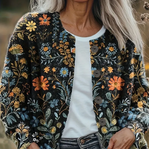 Women Floral Long Sleeve Comfy Vintage Printing Cardigan, Cardigans, color:Black|size:5XL, catalog Noracora shop