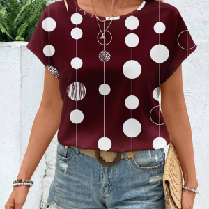 Women Polka Dots Short Sleeve Tee T-shirt Crew Neck Printing Casual Summer Graphic Tee Top, JustFashionNow T-Shirts, color:Crimson|size:4XL,
