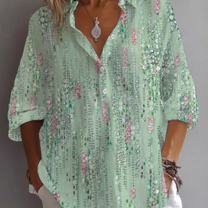 Women Abstract Long Sleeve Shirt Spring/Fall Printing Shirt Collar Daily Casual Top, JustFashionNow Shirts, color:Green|size:5XL,