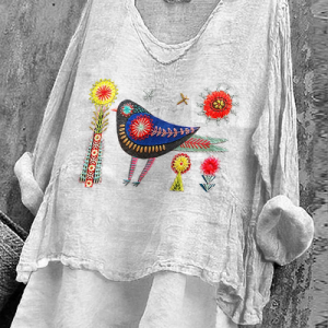 Women Floral Long Sleeve Blouse Spring/Fall Printing V Neck Daily Casual Top, JustFashionNow Blouses, color:White|size:4XL,