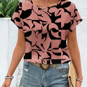 Women Geometric Short Sleeve Tee T-shirt Crew Neck Printing Casual Summer Graphic Tee Top, JustFashionNow T-Shirts, color:Pink|size:4XL,
